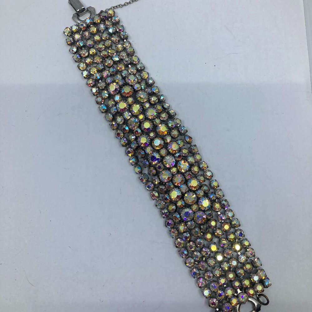 Vtg 1950 TRIAD ? blue borealis crystal rhinestone chunky bracelet